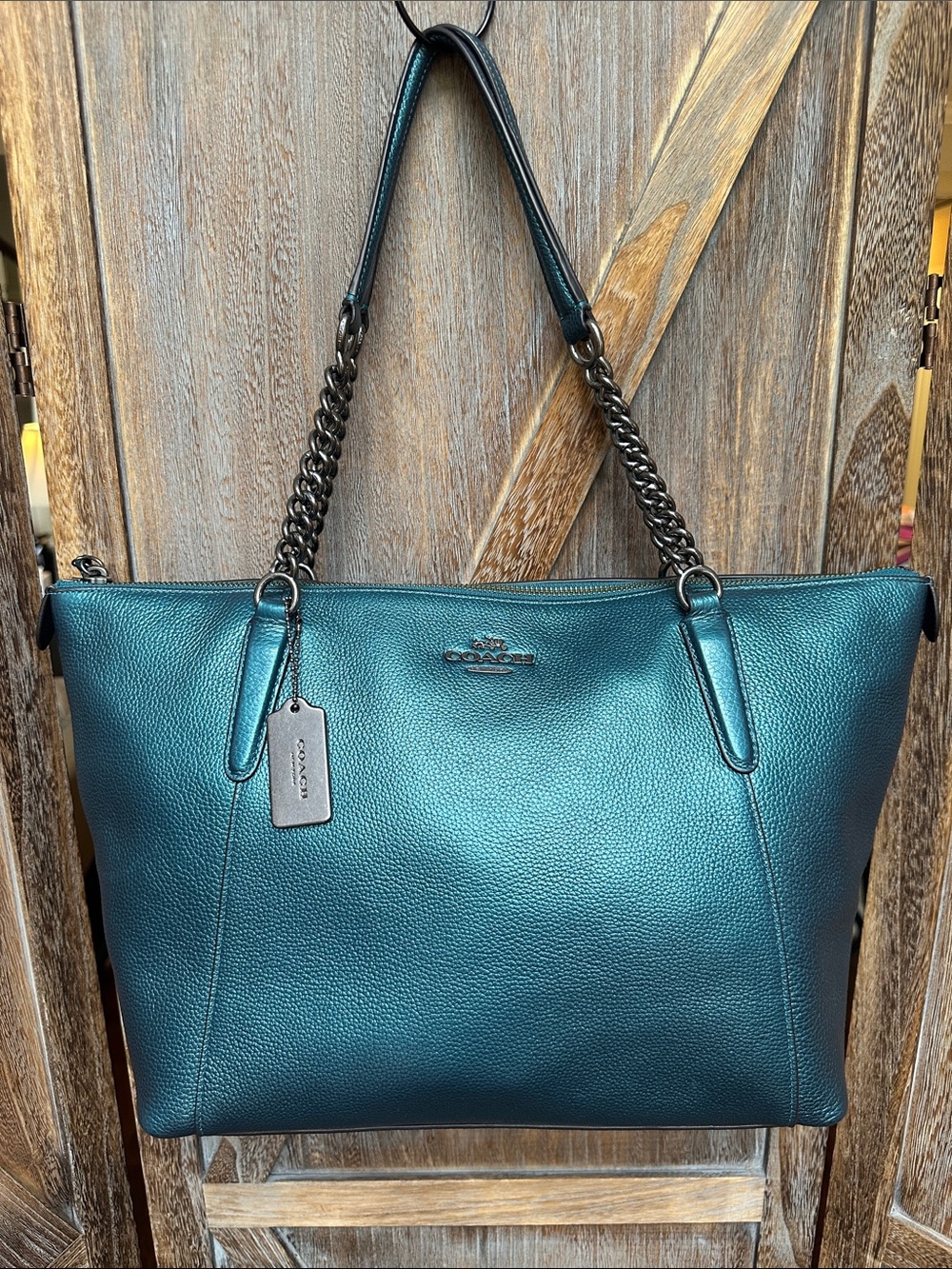 Coach Metallic Teal Leather Tote Bag